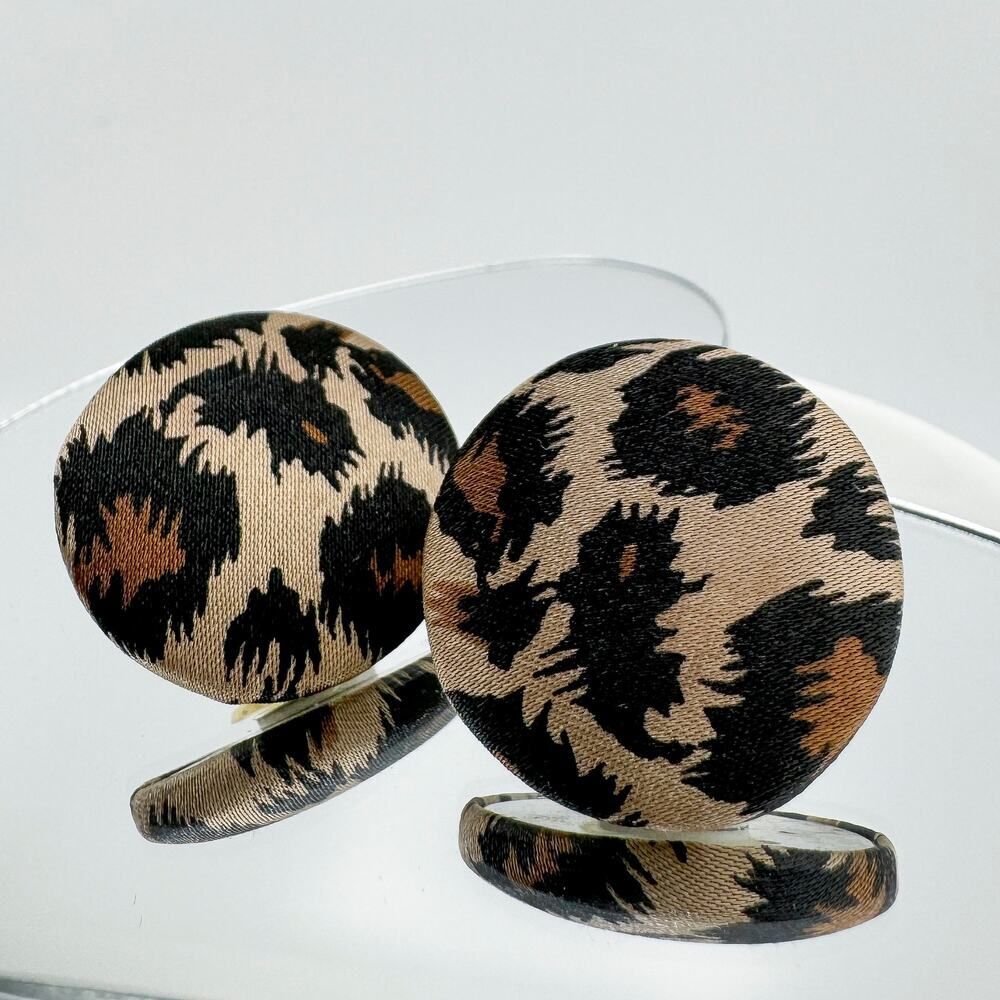 Vintage Leopard Print Circle Fabric Earrings Bold Cheetah Wild Retro